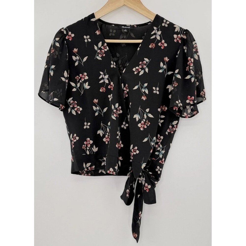 Madewell Black Floral Wrap Top
